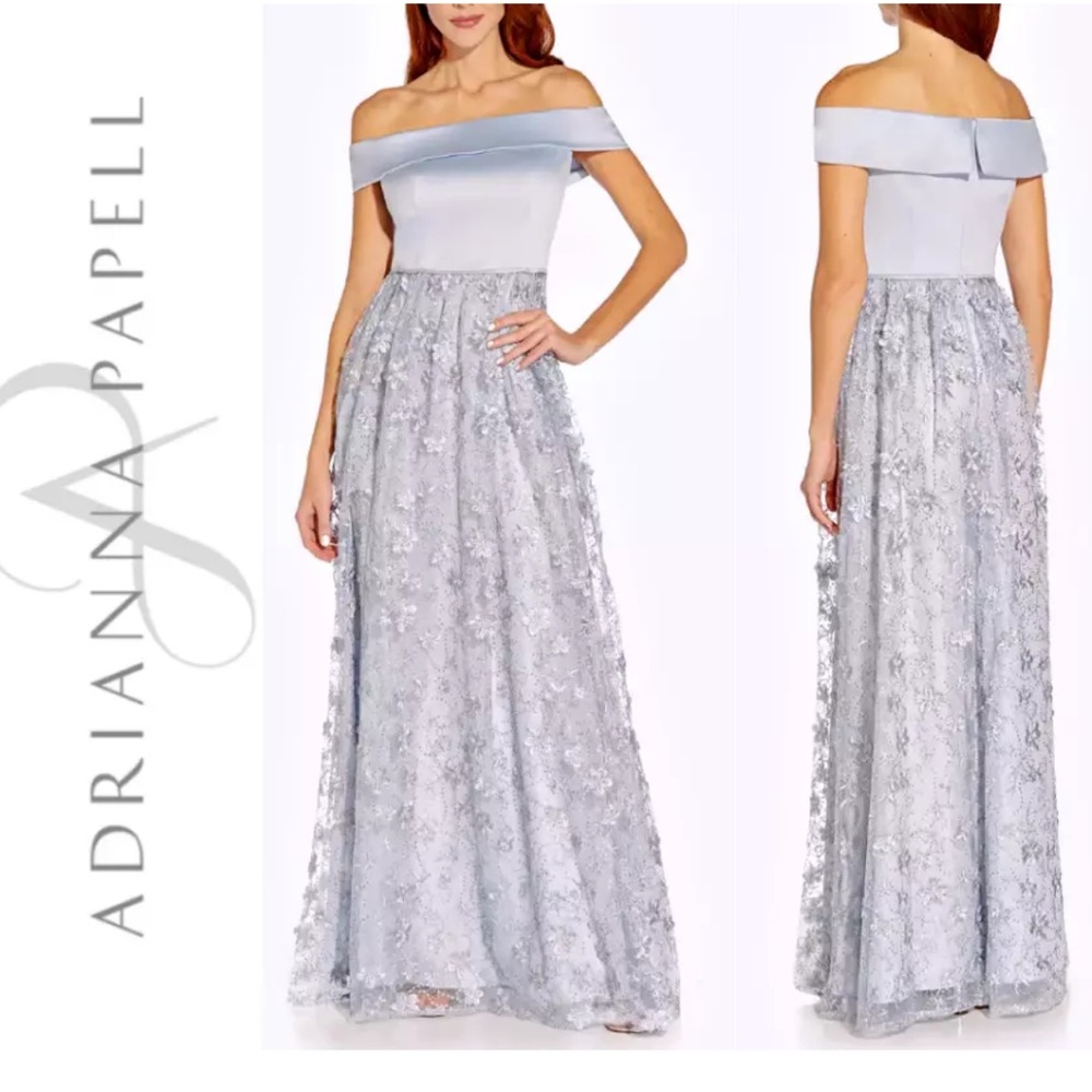 Adrianna Papell Floral Embroidery Off-Shoulder Maxi Dress Gown